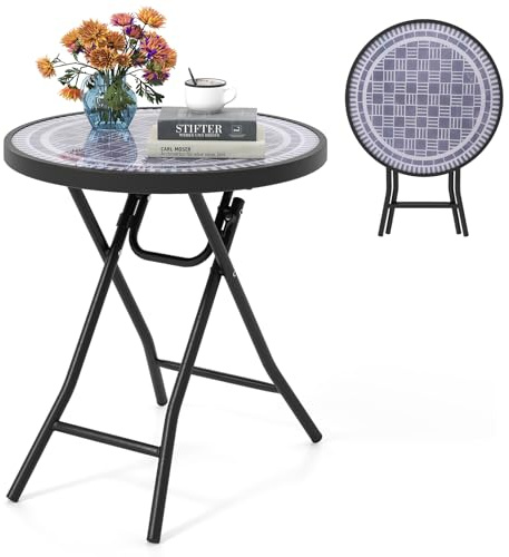 COSTWAY Sidobord, hopfällbart, litet fällbord, väderbeständigt trädgårdsbord, runt balkongbord med bordsskiva av härdat glas för balkong, trädgård, terrass, 46 x 46 x 48 cm (grå)