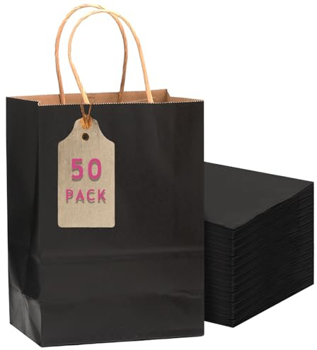 Gcardist 50 piezas Bolsas de regalo de papel negro de tamaño mediano con asas – 27 x 21 x 11 cm – Bolsas para fiestas, bolsas de regalo para múltiples usos