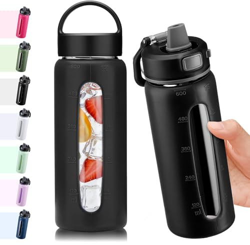 BLUEGO 600ml Borraccia in vetro con 2 coperchi-Coperchio con chiusura One-touch e maniglia Borsa riutilizzabile con indicazione del tempo per Viaggi Casa Palestra Sport Senza BPA, Nero