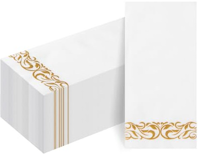 Goodluck 50 PCS Linen Feel Napkins,White and Gold Napkin Disposable,Paper Napkins for Bathroom, Wedding, Party, Birthday, Dinners Events,42x30cm
