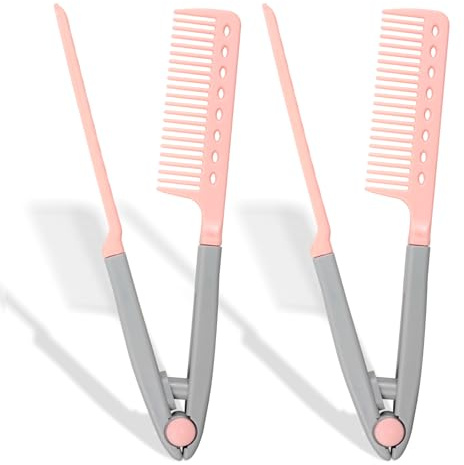 DIY Salon V-Shaped Hair Straightening Comb – 2PCS Hair Styling Brush Set for Smoothing & Straightening, Portable Hairdressing Tool (Pink)