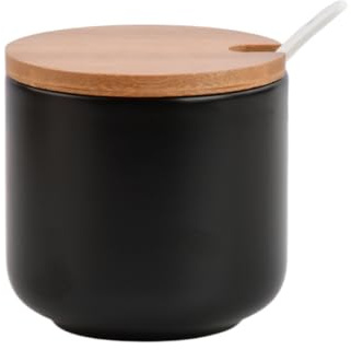 Amexo 260ml Zuccheriera in Ceramica, Barattoli Sale per Cucina con Coperchio e Cucchiaio, Contenitore per Spezie Rotonda Ceramica, Porta Sale Grosso e Fino per Casa e Cucina, Nero