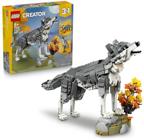 LEGO Creator 3 in 1 Animali della Foresta: Lupo Grigio - Animale Giocattolo Trasformabile in Falco o Procione - Decorazione Cameretta - Regalo di Compleanno per Bambine e Bambini da 8 Anni - 31393