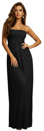 ANZEE® Womens Sheering Ruched Bandeau Boobtube Maxi Dress Strapless Stretch Fit Flowy Gathered Summer Holidy Beach Prty Long Dress UK 8 to22