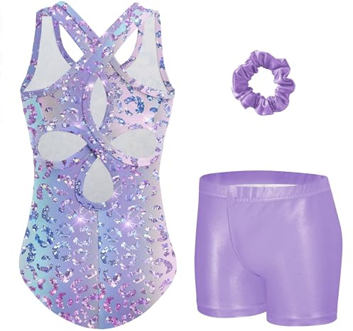 Arshiner Justaucorps de Gymnastique Fille, Ensemble 3 Pièces avec Short et Chouchou, Sans Manches avec Dos Ajouré Croisé et Détails Scintillants, Tenue de Danse Ballet pour Enfant 3-11 Ans