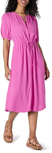Amazon Essentials Women's Relaxed Fit Half-Sleeve Waisted Midi Shirt Dress, Bright Pink, XS