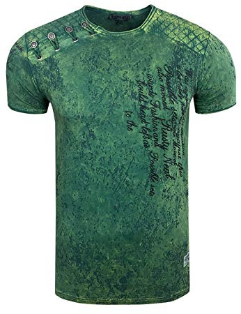 Rusty Neal Herren T-Shirt Oxid Washed Vintage 'ORIGINAL NOS' Tshirt Herren-T-Shirt Knopfleiste Rundhals Stretch 195, Farbe:Grün, Größe S-3XL:L