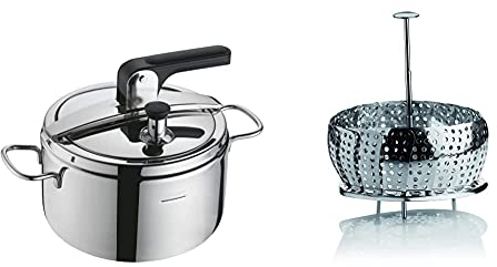 Barazzoni Pentola A Pressione Modello Cuociveloce/Voilà, Ø22Cm, Capacità 5Lt. Made In Italy, Acciaio Inossidabile, Argento, 22 Cm & Cestello A Vapore Manico Telescopico, Acciaio Inossidabile, 23 Cm