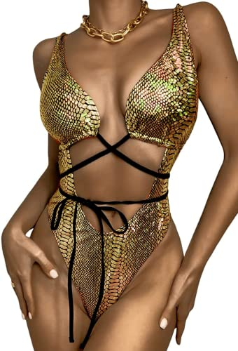 KEAIDO Einteiliger Damen-Badeanzug, Badeanzug, Pailletten, Glitzer, sexy Schlangenmuster, Aussparung vorne, sexy Monokini, Tanga, gold, Large
