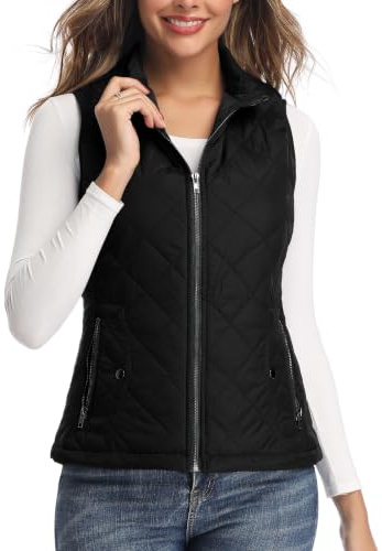 LONGKING Black Women's Vest, Stand Collar Lightweight Zip Quilted Vest for Women XXL