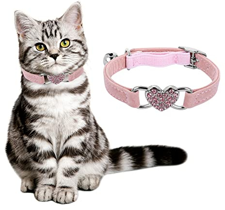 cobee Collier de chat en forme de cœur avec clochette, colliers de chaton réglables avec ceinture de sécurité Collier pour animal de compagnie en strass pour petit chien de chat (rose)