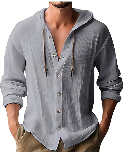 SOOUICKER Leinenhemd Herren mit Kapuze Sport Hoodie Herren Leinen Regular Fit Leinenhemd Herren Langarm Vintage Langarmshirt Herren mit Knopfleiste Sweatjacke Herren Hoodie