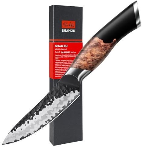 SHAN ZU Coltello da Frutta Forgiato a Mano da 9,5 cm, Coltello da Cucina Professionale, Coltello da Frutta in Acciaio a 7 Strati, Acciaio al Carbonio di alta Qualità, Manico in Legno di Acero