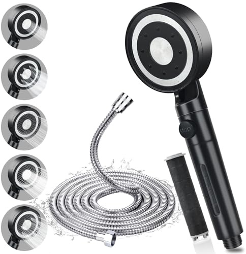 BEIJIE Shower Head and Hose 2M, High Pressure Shower Head Filter 5 Modes Adjustable, Universal Shower Heads with Pause Switch, Handheld Water Saving Rainfall Shower Head for Home Gym Use (Black)