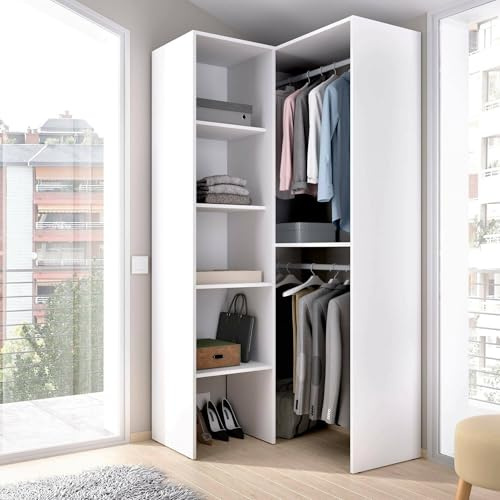 Dmora Guardaroba Bernina, Struttura per Cabina Armadio angolare, Mobile Appendiabiti Aperto ad Angolo, 79x88h186 cm, Bianco
