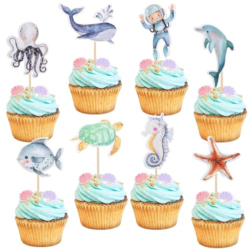 Decoraciones Magdalena Océano, 24 Piezas adornos para cupcakes del océano, Océano Animales Toppers, decoraciones de fiesta temática del océano, para Fiesta de Cumpleaños, Baby Shower