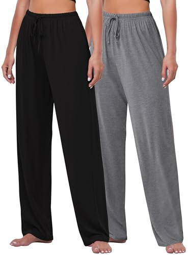 FEQO 2 Pièces Bas de Pyjama Femmes Pantalon de Pyjama Taille Élastique Pantalon Long Lâche Leggings De Yoga(Noir, Gris foncé, L)