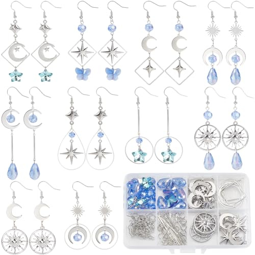 SUNNYCLUE 1 låda gör-det-själv 10 par måne örhänge tillverkning kit silver måne stjärna berlocker blå glas måne sol klar stjärna mässing kontakter berlock med tårdroppe fyrkantig pärlring för