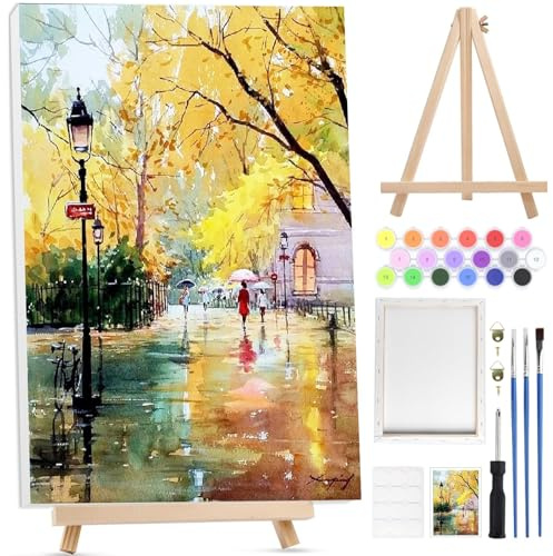 BOWETILE Paisaje Otoñal Pintar por Numeros Adultos Niños Principiantes con Marco&Caballete de Madera, Kit Cuadros para Pintar por Numeros,Pintura Acrilica Manualidades Adultos para Decoración 20x30cm