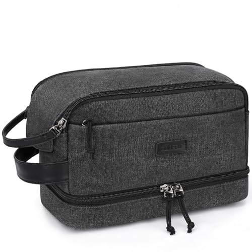 ZOMFELT Travel Toiletry Bag for Men, Canvas Wash Bag with Double Layer, Water-Resistant Hanging Toiletry Shaving Dopp Kit Make Up Bag Organizer, Toiletries Cosmetic Shower Bag for Women, Black
