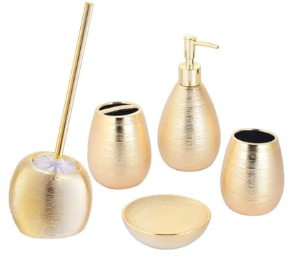 BM Set di Accessori da Bagno in Ceramica di Colore Oro Dorato Gold, Set Accessori Bagno Completo 5 Pezzi, Dispenser, Portaspazzolino, Portasapone, Portascopino e Bicchiere