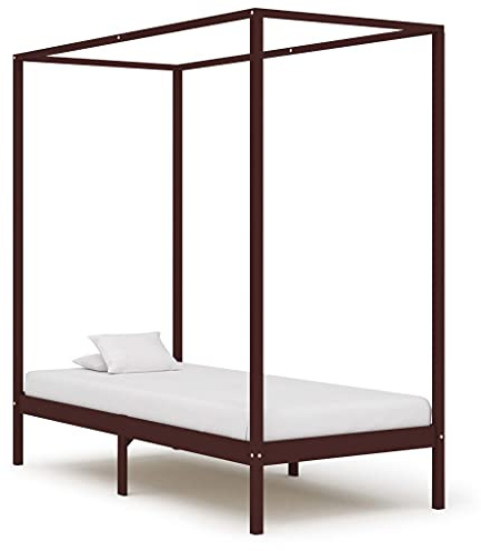 Bucmath Himmelssängram, mörkbrun, massivt trä, tall, 90 x 200 cm, med ribbotten, robust sovrumsmöbler för vuxna, elegant sängram