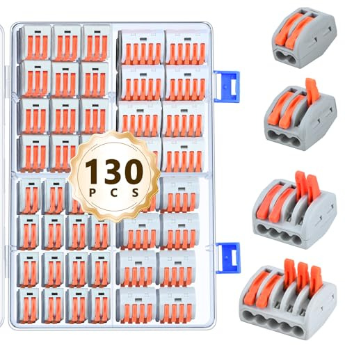 Preciva 130PCS Connecteur Électrique à Levier 2 3 4 5 Ports, Bloc de Jonction Compact pour Fil Solide (28-12 AWG) et Fil Souple (28-14 AWG), 32A/4KV Haute Sécurité pour Installation Domestique
