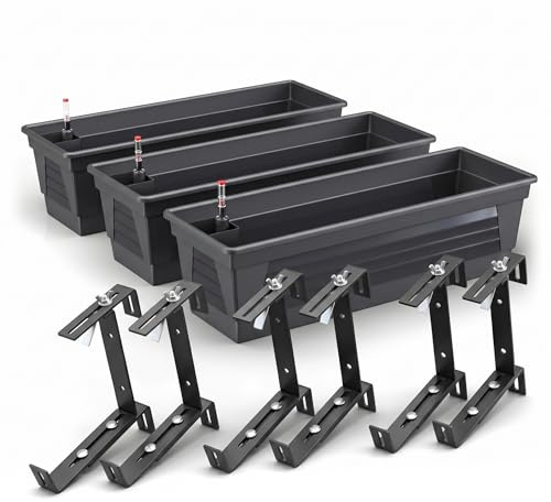 Plastard Blumenkasten 3er Set 80 cm lang selbstwässernd mit Hydroeinsatz, Wasserstandsanzeiger und Balkonhalterung aus Metall – witterungsbeständige Pflanzkästen in Anthrazit