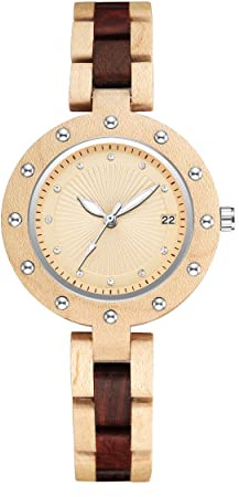 GORBEN Women's Bamboo Wooden Watch with Analog Calendar Display Crystal Elegant Quartz Casual Watches for Ladies
