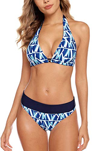 Aidotop Damen Bikini Set Triangel Badeanzug Strand Ties Zweiteiliger Bademode Bikinihose(Blue Geometry,S