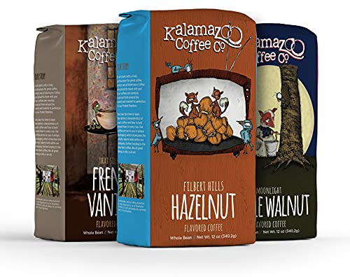 KALAMAZOO COFFEE COMPANY Whole Bean Flavored Coffee Variety Pack - Hazelnut, French Vanilla, & Maple Walnut | 12oz Bag (3 Pack)