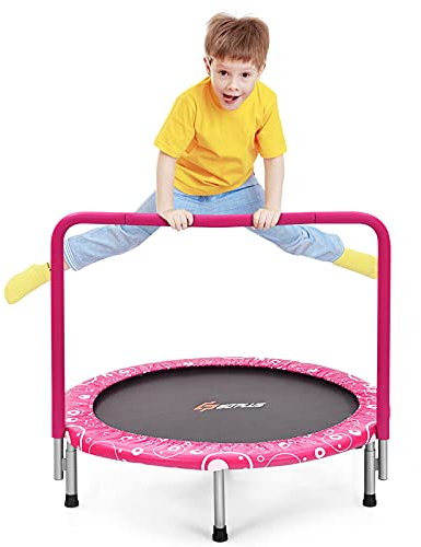 GOPLUS Trampolin Kinder Indoor, φ92cm Minitrampolin bis 150kg belastbar, Kindertrampolin klappbar mit Haltegriff, Fitness Trampolin für Jungen Mädchen ab 3 Jahre (Rosa)