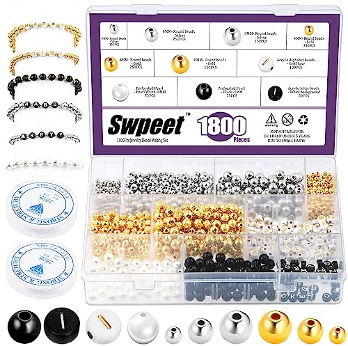 Swpeet Juego de 1802 cuentas de 3 tamaños, 4 mm, 6 mm, 8 mm, doradas, plateadas, redondas, espaciadoras, perlas de alfabeto, con 2 rollos de cuerda elástica para pulseras de manualidades, joyas