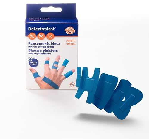 Detectaplast Pflaster wasserfest Universal, blaue Wundpflaster für den Lebensmittelbereich, detektierbare Pflaster Erste Hilfe, 9 x 38, 19 x 72, 25 x 72, Fingerkuppen und Gelenk, 40 Stück