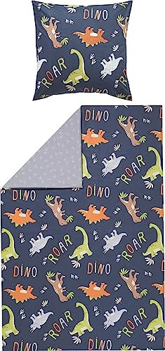 Erwin Müller Kinder-Bettwäsche, Bettgarnitur Renforcé Dinosaurier, Dino-Motive dunkelblau Größe 80x80 cm / 135x200 cm - temperaturausgleichend und strapazierfähig, mit Reißverschluss