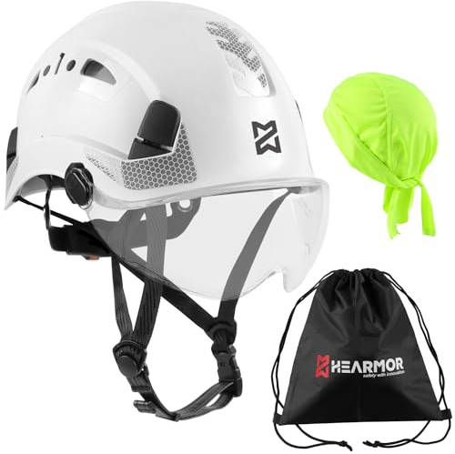 HEARMOR Industrial Helmet for Working at Heights, Adult Construction Helmet Passed EN12492 Certification, EN397 Shock Absorption and Penetration Resistance Test, with Clear or Tinted Visor