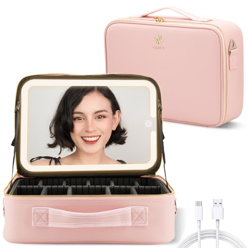 OMIRO LED Kosmetiktasche - Professionelle Make up Tasche mit beleuchtetem Spiegel - kompakt und praktisch für unterwegs (Rosa, Groß)