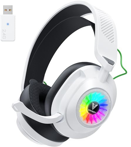 Vakedy HW10 Wireless Gaming Headset for PS5, PS4, PC, 2.4GHz Bluetooth Gaming Headphones with Noise Cancelling Microphone, 50Hr Battery Gamer Headset for Switch, Laptop, Mobile, Mac, Cool RGB (White)