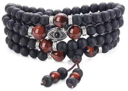 COAI Collana Mala 108 Grani, Bracciale Occhio Turco Multistrato 108 Perle in Pietre Naturali, Rosario Buddista con Perline di Onice Opaco e Occhio di Tigre Rosso, Rosario Collana Uomo Donna