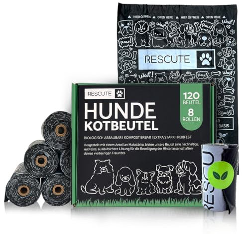Rescute Hundekotbeutel Biologisch Abbaubar | 120 zertifizierte Kotbeutel für Hunde | Kompostierbar & Biologisch Abbaubar | Extra Starke & Reißfeste Hundebeutel | Hergestellt mit Maisstärke | 8 Rollen