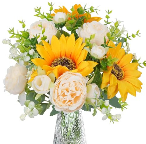 Luabue Fleurs Artificielles Tournesol et Pivoines avec Feuilles D'eucalyptus Bouquet de Fleurs Artificielles Deco Faux Fleurs Décoration pour Maison Table Mariage Fête Décoration