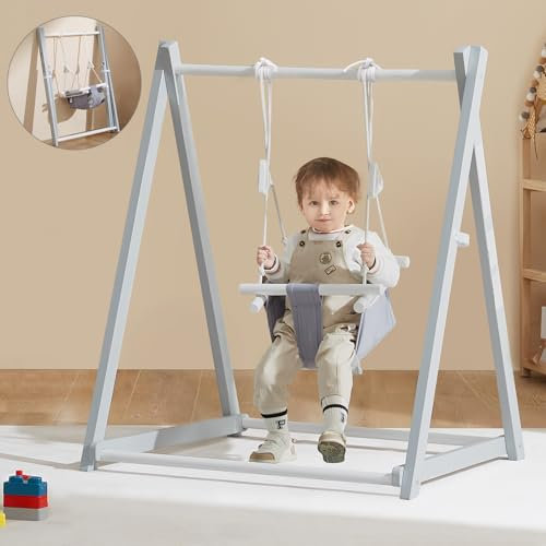 FUNLIO Wooden Swing Set for Toddlers 6-36 Months, Foldable Baby Swing Set with Durable Pine, Portable Toddler Swing with 4 Sandbags & Extension Straps, for Indoor/Outdoor/Backyard - Grey