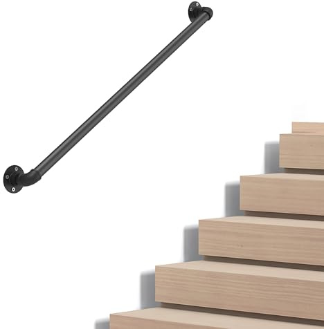 Industrial Pipe Stair Handrail, Wall-Mounted Metal Hand Rail for Indoor & Outdoor Steps, Black Galvanized Iron, Vintage Farmhouse Style, Heavy Duty Support for Stairs & Porch (Black, 3.3ft)