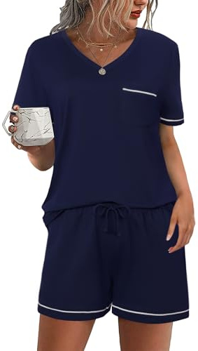 Litherday Pyjama Femme Ensemble Été Short à Manches Courtes Coton Ensemble de Pyjama Confortable Vêtement 2 Pièces avec Poches Bleu Marine XL