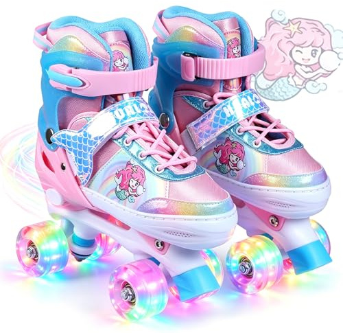 Kinder Rollschuhe-Verstellbare Rollschuhe für Mädchen und Jungen, Atmungsaktiv Kinderrollschuhe mit Leuchtenden Rollen, Verstellbare Kinderrollschuhe für Mädchen, Jungen, Kinder, Anfänger (Pink, S)