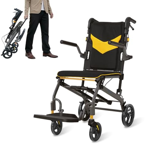 AEVITAL Silla de Ruedas Plegable Ligera Silla de Ruedas de Tránsito, Silla de Ruedas Estrecha para Casa y Exterior para mayores e minusválidos con Freno Manual (Amarillo)