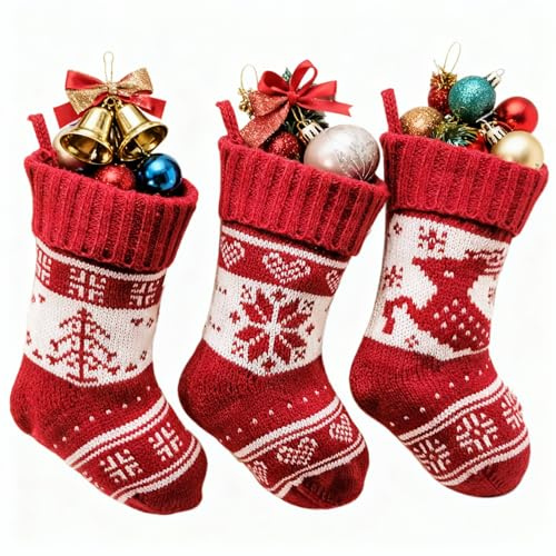 Summerdate 3 mini calcetines navideños de 17 cm de punto, clásicos, lindos para colgar, para decoración de árbol de Navidad (3 unidades)