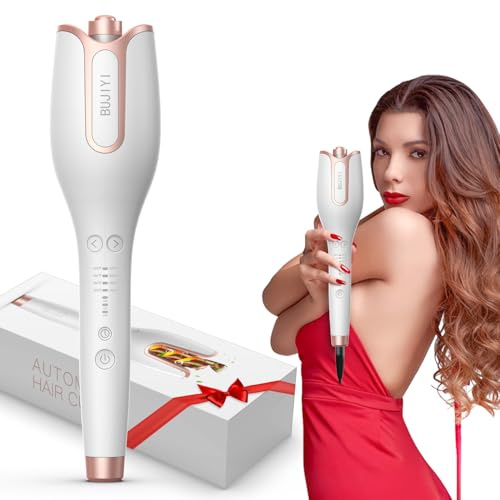 BUJIYI Automatic Rotating Curling Iron, Automatic Hair Curler, 4 Temperature Settings for All Hair Types, 3 Heating Durations for Diverse Styles, 1 Inch, Beach Waves Curling Wand (White)
