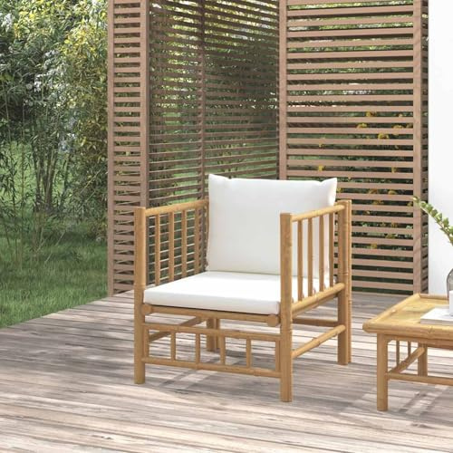HOMELEN Trädgårdsfåtölj med krämvita kuddar i bambu, trädgårdsloungeset, balkongmöbelset, trädgårdsmöbelset underhållningsset, sittlounge balkong soffa lounge lämplig för trädgårdar, terrasser