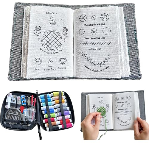 Herdiese Embroidery Stitch Book Kit with 106 Patterns, 86-Piece Portable Set, Pre-Printed Fabric Guide, Zippered Case, Threads, Needles, Scissors, for Beginners and Adults